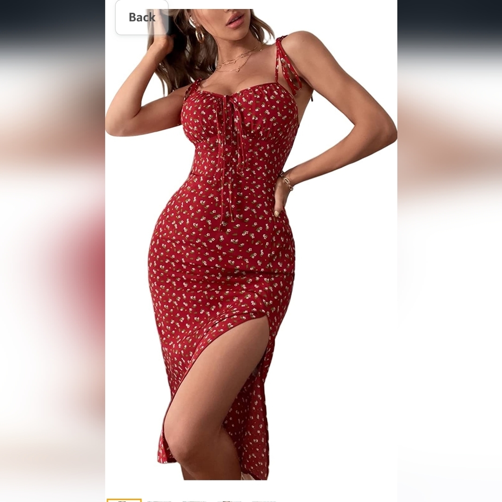 NEW Women's Floral Boho Tie Shoulder Split Thigh Dress (Burgundy) - SOLY HUX